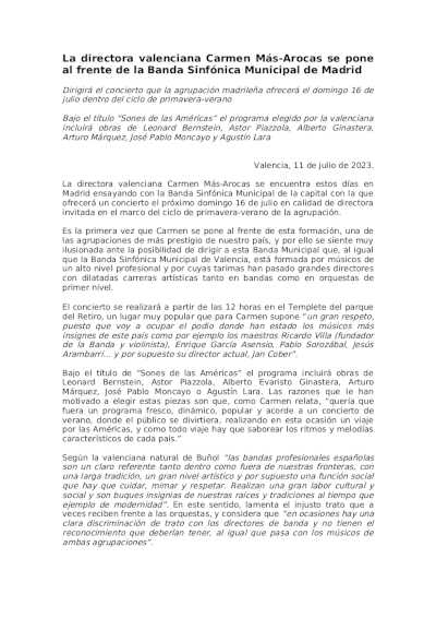 La directora valenciana Carmen Más-Arocas se pone al frente de la Banda Sinfónica Municipal de Madrid La directora valenciana Carmen Más-Arocas se pone al frente de la Banda Sinfónica Municipal de Madrid