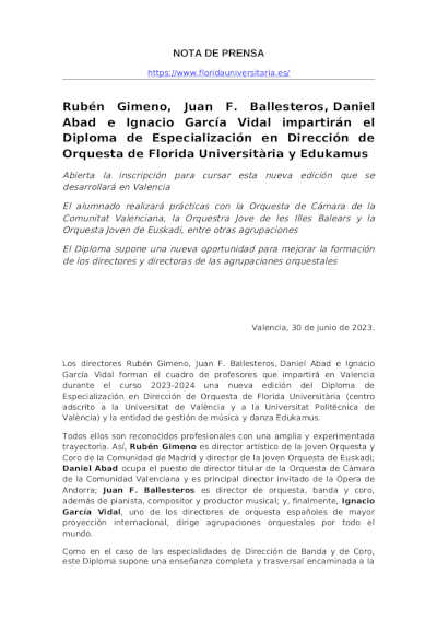 Nuevos directores impartirán el Diploma de Especialización en Dirección de Orquesta de Florida Universitària y Edukamus