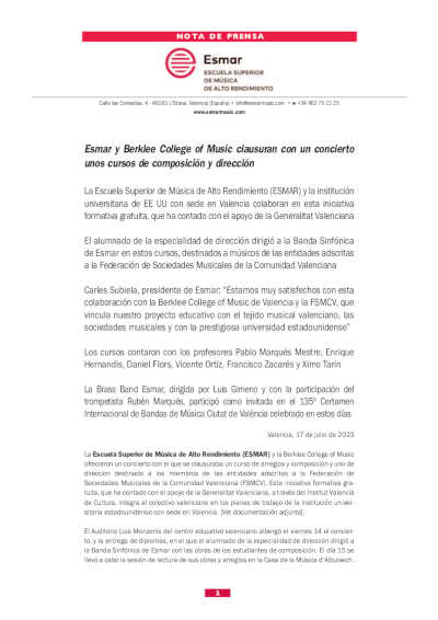 Esmar y Berklee College of Music clausuran con un concierto unos cursos de composición y dirección