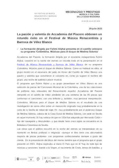 Accademia del Piacere obtiene un rotundo éxito en el Festival de Música Renacentista y Barroca de Vélez Blanco