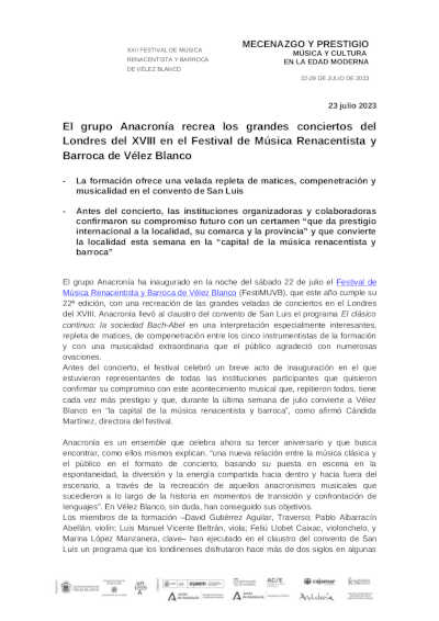 El grupo Anacronía ha inaugurado el Festival de Música Renacentista y Barroca de Vélez Blanco 2023