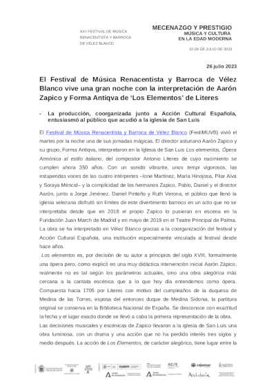 El FestiMUVB vive una gran noche con la interpretación de Aarón Zapico, Forma Antiqua y «Los Elementos» de Literes