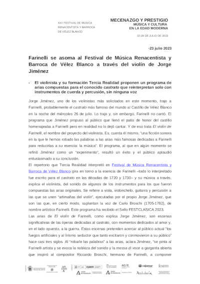 Farinelli se asoma al Festival de Música Renacentista y Barroca de Vélez Blanco a través del violín de Jorge Jiménez