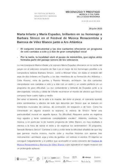 Marta Infante y María Espadas en el Festival de Música Renacentista y Barroca de Vélez Blanco junto a Ars Atlántica