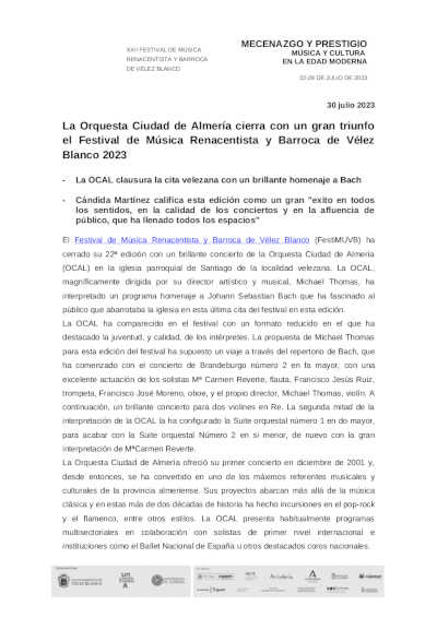 La Orquesta Ciudad de Almería cierra con un gran triunfo el Festival de Música Renacentista y Barroca de Vélez Blanco 2023