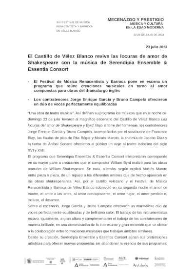 Vélez Blanco revive las locuras de amor de Shakespeare con la música de Serendipia Ensemble & Essentia Consort