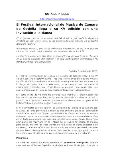 El Festival Internacional de Música de Cámara de Godella llega a su XV edición