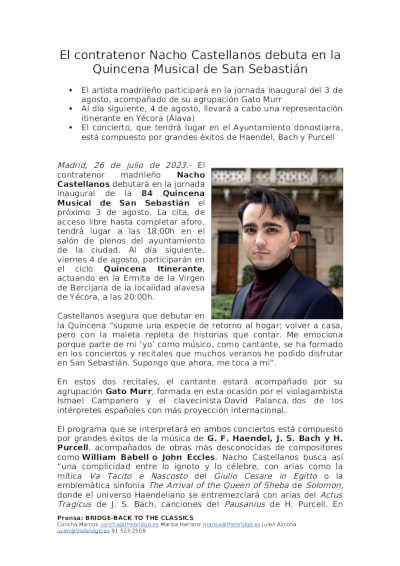 El contratenor Nacho Castellanos debuta en la 84º Quincena Musical