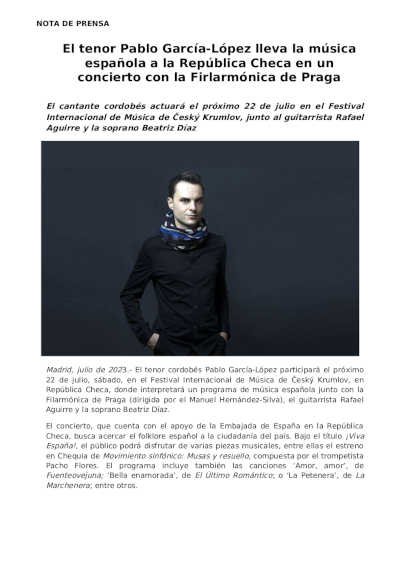 El tenor Pablo García-López lleva la música española a República Checa con la Filarmónica de Praga El tenor Pablo García-López lleva la música española a República Checa con la Filarmónica de Praga