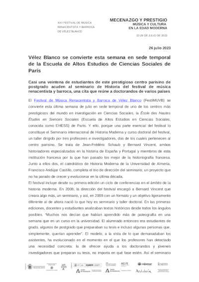 Vélez Blanco se convierte esta semana en sede temporal de la Escuela de Altos Estudios de Ciencias Sociales de París