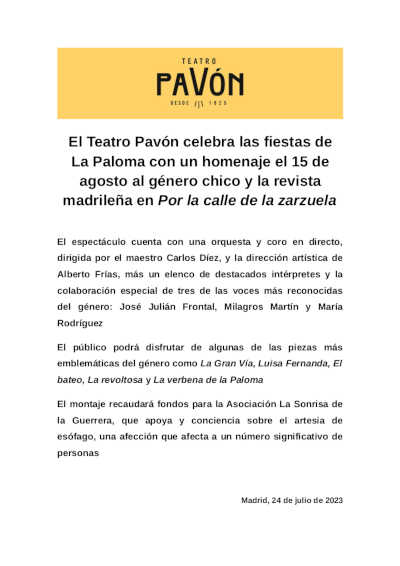 El Teatro Pavón celebra las fiestas de La Paloma con «Por la calle de la zarzuela» El Teatro Pavón celebra las fiestas de La Paloma con «Por la calle de la zarzuela»