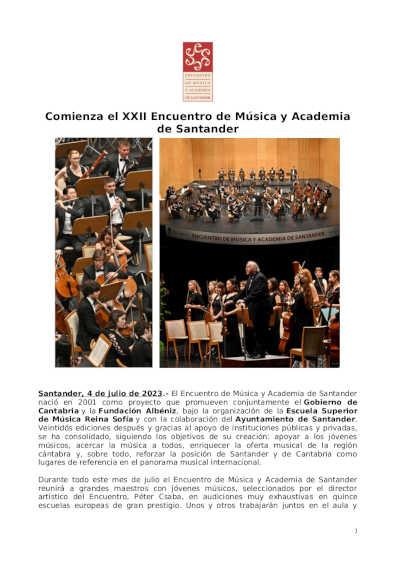 Comienza el XXII Encuentro de Música y Academia de Santander Comienza el XXII Encuentro de Música y Academia de Santander