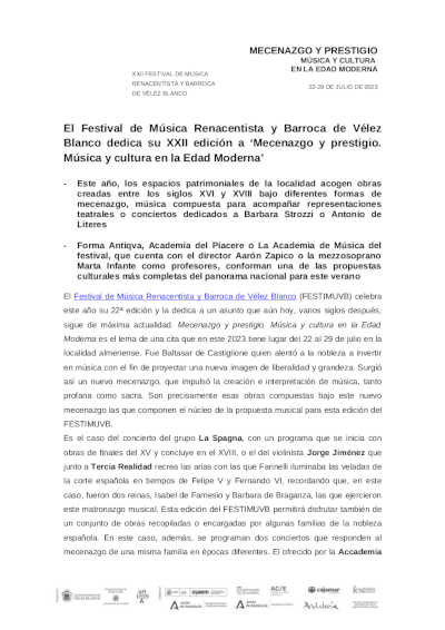 El Festival de Música Renacentista y Barroca de Vélez Blanco dedica su XXII edición a «Mecenazgo y prestigio»