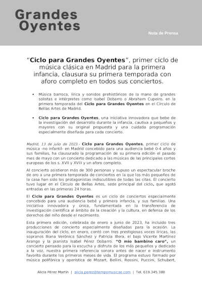 “Ciclo para Grandes Oyentes”, primer ciclo de música clásica en Madrid para la primera infancia
