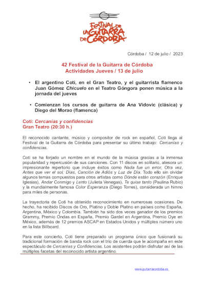 42º Festival de la Guitarra de Córdoba presenta sus conciertos y cursos del 13 de julio