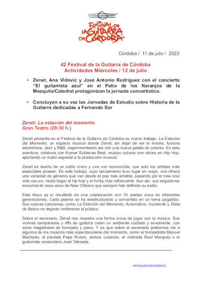 42º Festival de la Guitarra de Córdoba presenta sus conciertos y cursos del 12 de julio