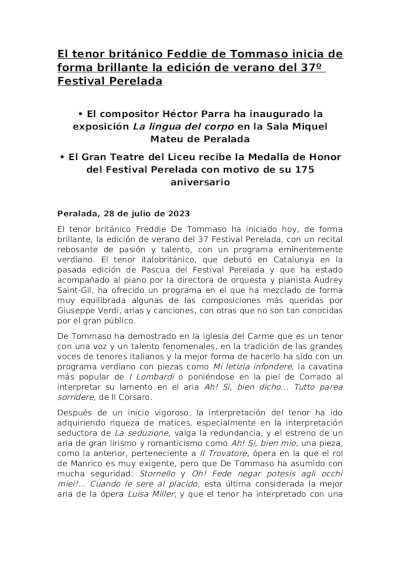 El tenor británico Feddie de Tommaso inicia de forma brillante la edición de verano del 37º Festival Perelada