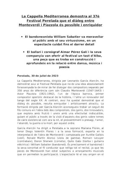 La Cappella Mediterranea en el 37º Festival Perelada. Un diálogo entre Monteverdi y Piazzola es posible y enriquecedor