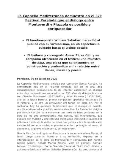 La Cappella Mediterranea en el 37º Festival Perelada. Un diálogo entre Monteverdi y Piazzola es posible y enriquecedor