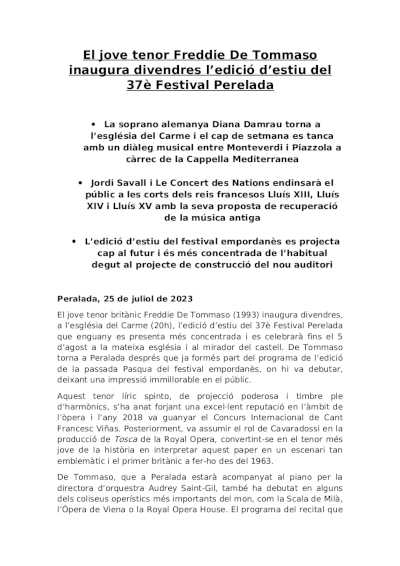 El joven tenor Freddie De Tommaso inaugura el 28 de julio la edición de verano del 37º Festival Perelada