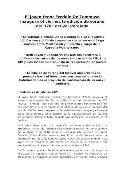 El joven tenor Freddie De Tommaso inaugura el 28 de julio la edición de verano del 37º Festival Perelada