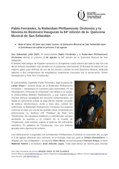 Pablo Ferrández y la Rotterdam Philharmonic Orchestra inauguran la 84º Quincena Musical de San Sebastián