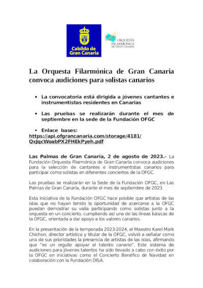 La Orquesta Filarmónica de Gran Canaria convoca audiciones para solistas canarios