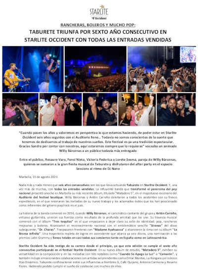 Taburete triunfa por sexto año consecutivo en Starlite Occidente con todas las entradas vendidas