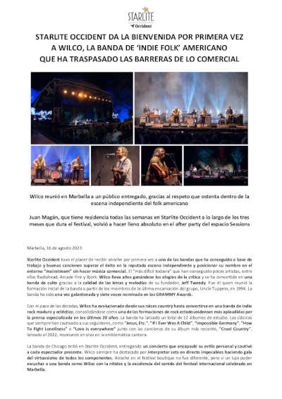 Starlite Occident da la bienvenida por primera vez a Wilco, la banda «Indie-Folk» americano