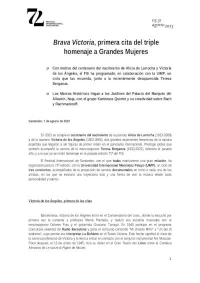 Brava Victoria, primera cita del triple homenaje a Grandes Mujeres en el 72º Festival Internacional de Santander