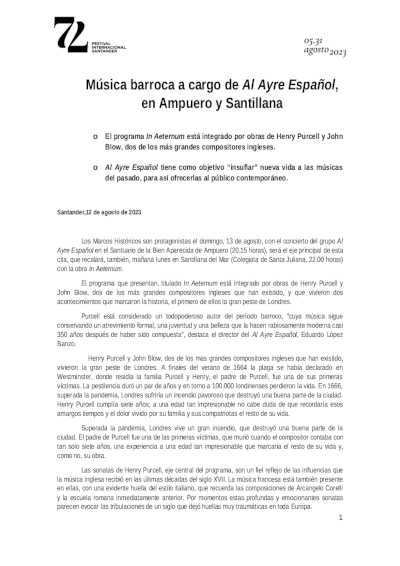 Música barroca a cargo de Al Ayre Español, en Ampuero y Santillana en el 72º Festival Internacional de Santander Música barroca a cargo de Al Ayre Español, en Ampuero y Santillana en el 72º Festival Internacional de Santander