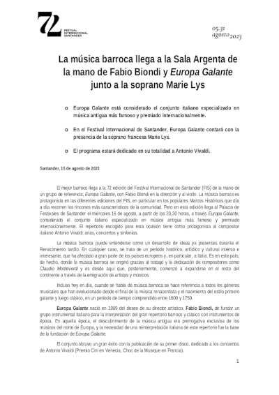 La música barroca llega al 72º FIS de la mano de Fabio Biondi y Europa Galante junto a la soprano Marie Lys La música barroca llega al 72º FIS de la mano de Fabio Biondi y Europa Galante junto a la soprano Marie Lys
