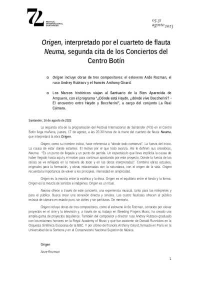 Origen, interpretado por el cuarteto de flauta Neuma, en el 72º Festival Internacional de Santander