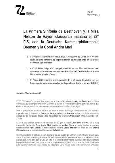 La Primera Sinfonía de Beethoven y la Misa Nelson de Haydn clausuran el 72º Festival Internacional de Santander
