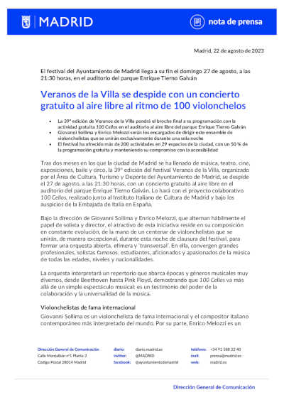Veranos de la Villa se despide con un concierto gratuito al aire libre al ritmo de 100 violonchelos