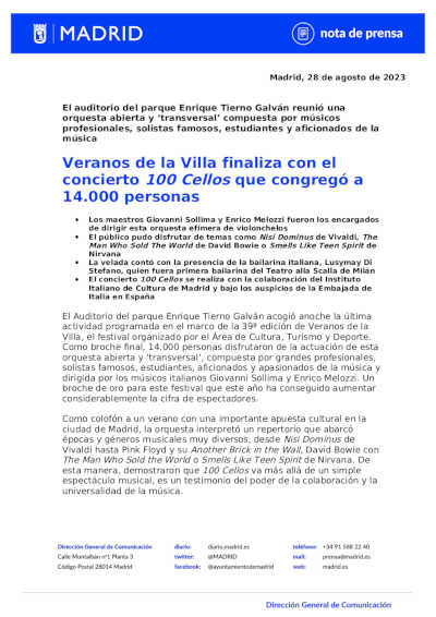 Veranos de la Villa finaliza con el concierto «100 Cellos», que congregó a 14.000 personas