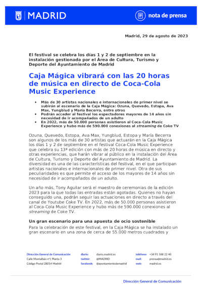 Caja Mágica vibrará con las 20 horas de música en directo de Coca-Cola Music Experience