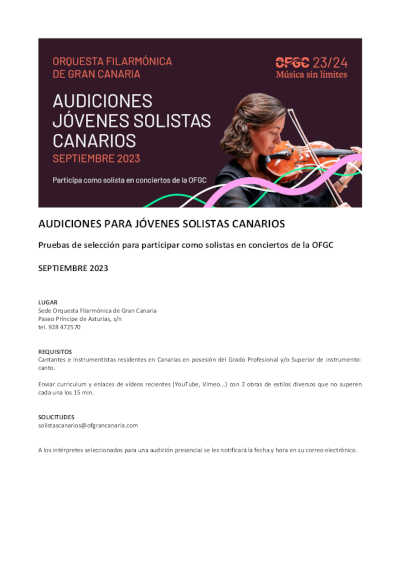 La Orquesta Filarmónica de Gran Canaria convoca audiciones para solistas canarios