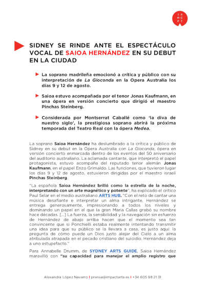 Sidney se rinde ante el espectáculo vocal de Saioa Hernández en su debut en esa ciudad