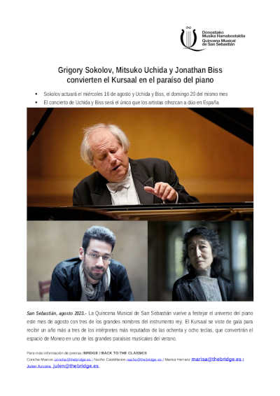 Grigory Sokolov, Mitsuko Uchida y Jonathan Biss  convierten el Kursaal en el paraíso del piano