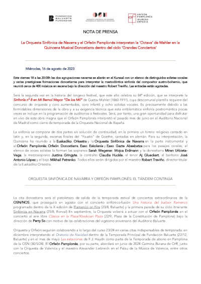 La Orquesta Sinfónica de Navarra y el Orfeón Pamplonés interpretan la ‘Octava’ de Mahler en la Quincena Musical