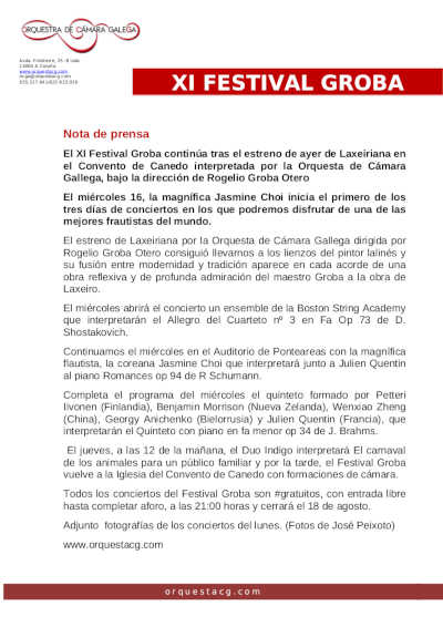 El XI Festival Groba continúa tras el estreno de ayer de Laxeiriana en el Convento de Canedo