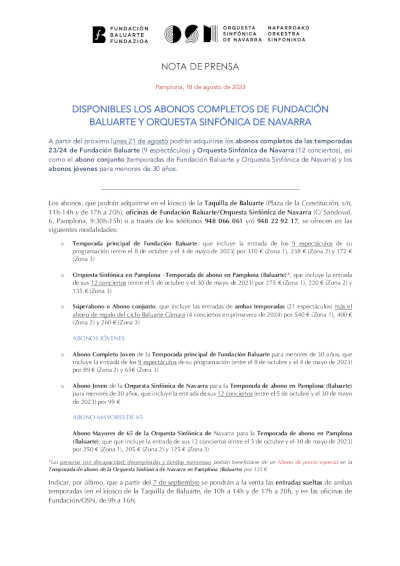 Disponibles los abonos completos de Fundación Baluarte y Orquesta Sinfónica de Navarra
