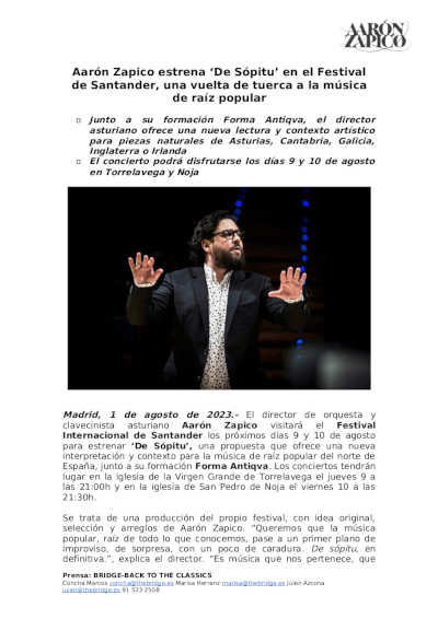 Aarón Zapico estrena ‘De sópitu’ en el Festival de Santander, una vuelta de tuerca a la música de raíz popular