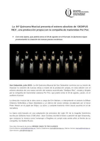 La  84ª Quincena Musical presenta el estreno absoluto de «OEDIPUS REX» con la compañía de marionetas Per Poc