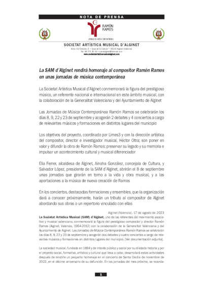 La SAM d’Alginet rendirá homenaje al compositor Ramón Ramos en unas jornadas de música contemporánea