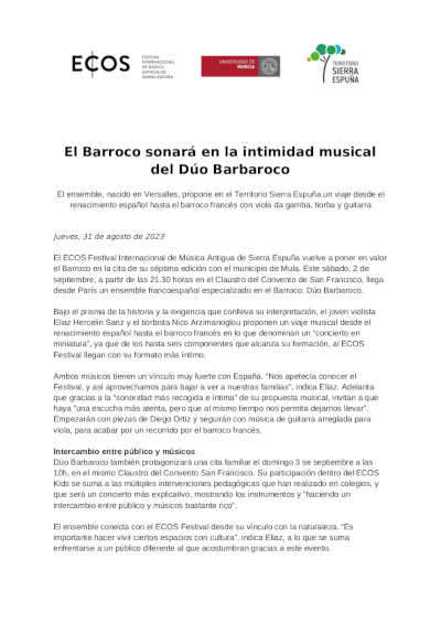 El Barroco sonará en la intimidad musical del Dúo Barbaroco en ECOS Festival 2023 El Barroco sonará en la intimidad musical del Dúo Barbaroco en ECOS Festival 2023