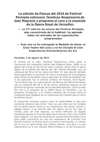 La edición de Pascua del 2024 de Festival Perelada estrenará Tenebrae Responsoria de Joan Magrané