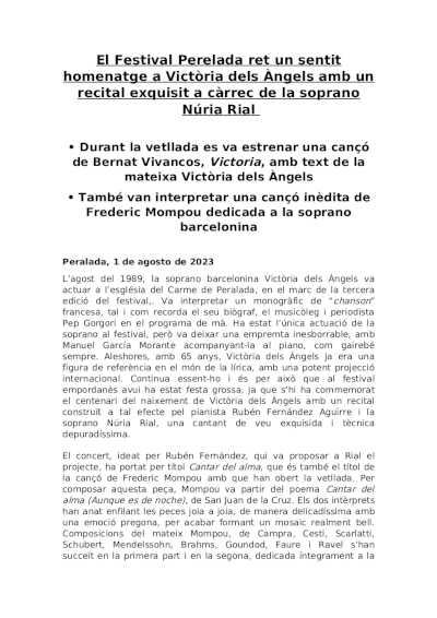El Festival Perelada rinde un sentido homenaje a Victoria de los Ángeles con recital exquisito a cargo de Núria Rial