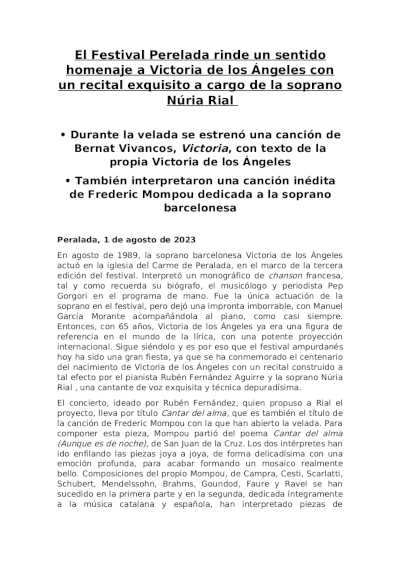 El Festival Perelada rinde un sentido homenaje a Victoria de los Ángeles con recital exquisito a cargo de Núria Rial